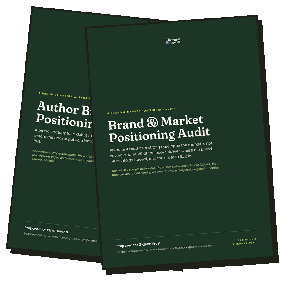 Sample debut author positioning strategy, pages fanned out with tape